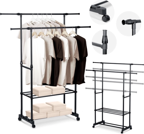 Stojanový vešiak na oblečenie Massido, čierny, s kolieskami a policami