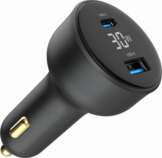 Rýchla auto adaptér nabíjačka 30 W s LCD, USB‑C PD a 2× USB‑A, čierna