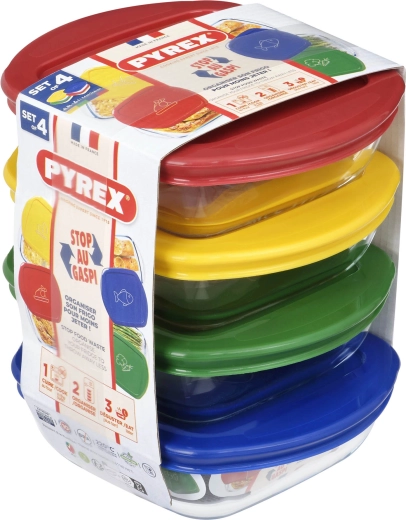 Sada štvorcových sklenených dóz PYREX 0,3 l, 4 ks