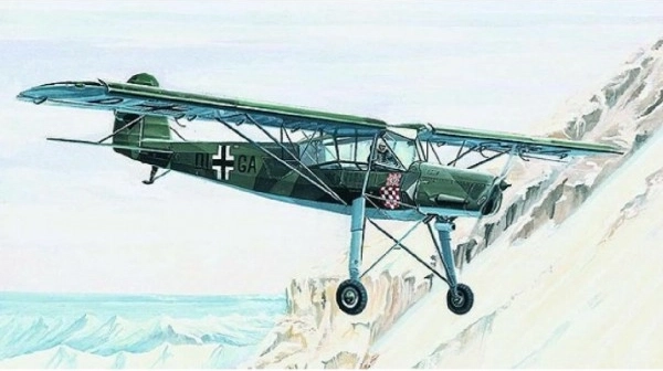 Model Fieseler FI-156 Storch 13,8 x 19,6 cm v krabici 25 x 14,5 x 4,5 cm