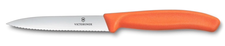 Victorinox lúpací nôž na ovocie a zeleninu 10 cm, zúbkovaný, špicatý, oranžový