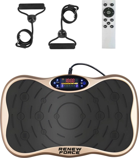 Vibračná cvičebná platforma Renew Force gold s Bluetooth a odporovými gumami