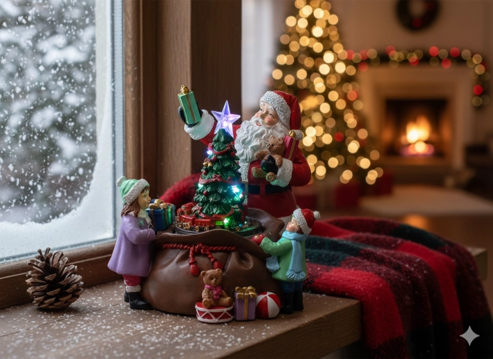 Vianočná hudobná LED dekorácia so Santom, stromčekom a darčekmi 20 × 19 × 19 cm