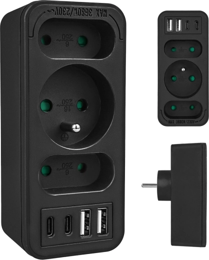 Rozbočovač do zásuvky s 3 výstupmi a USB-A/USB-C, čierny