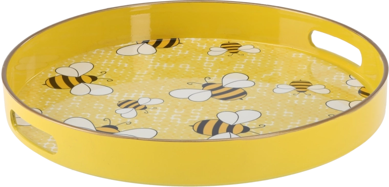Okrúhly servírovací podnos s úchytmi 33 × 33 × 4,2 cm žltý s motívom včiel