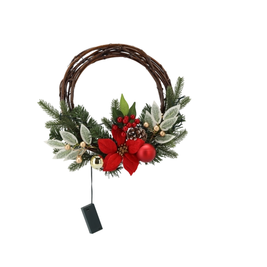 Závesný vianočný veniec z prútia s LED, 30 cm, červeno‑zlatý