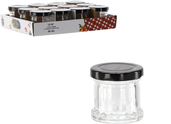 Sklenená dózička 30 ml s reliéfom a čiernym kovovým viečkom