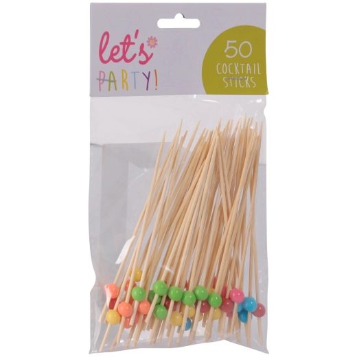 Bambusová koktailová špáradlá s farebnými guľôčkami 8 cm, 50 ks
