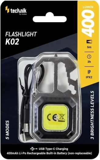 Technik MT-K02 príveskové COB LED pracovné svetlo s karabínou a USB‑C, 400 lm