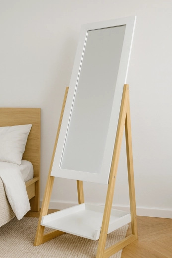 Stojace zrkadlo s drevenými nohami a poličkou 40 × 36 × 150 cm