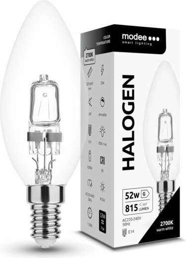 Modee ECO halogénová žiarovka sviečka C35 52 W E14 teplá biela