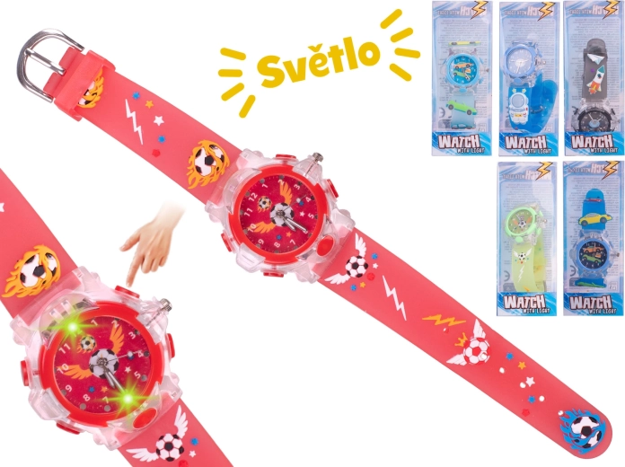 Chlapčenské analógové hodinky so svetlom – vesmír, autá a futbal
