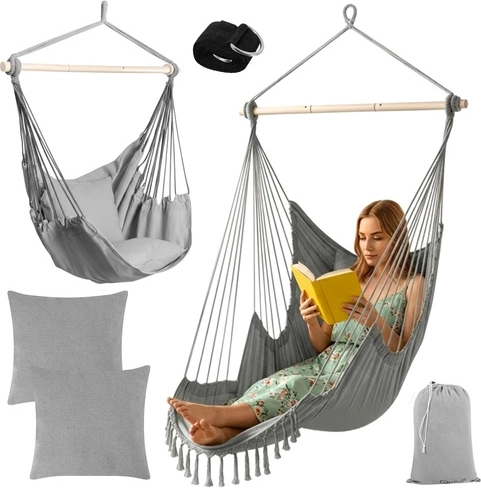 Závesné hojdacie kreslo 2v1 s vankúšmi, sivé GARDLOV