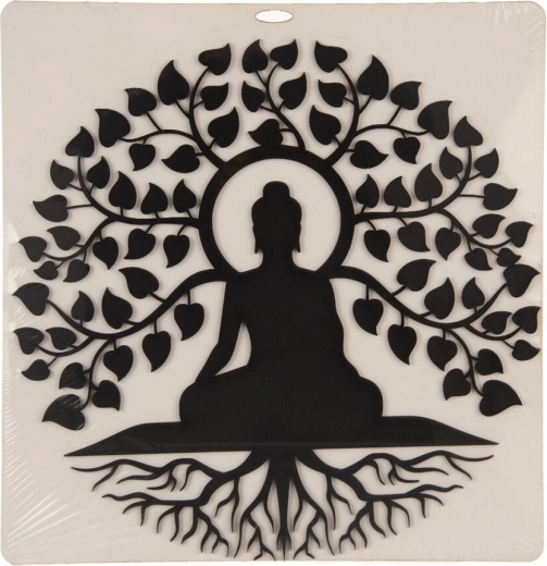 Drevená nástenná dekorácia Budha a strom života čierna 35 × 35 cm