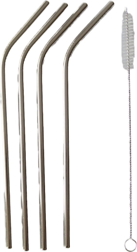 Nerezové slamky ohnuté 21,5 cm (4 ks) s čistiacou kefkou