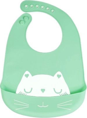 Silikónový podbradník s vreckom pre deti - zelený, mačka