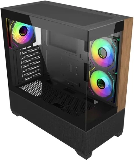 PC skriňa Elite 690 wood s panoramatickým sklom a ARGB ventilátormi