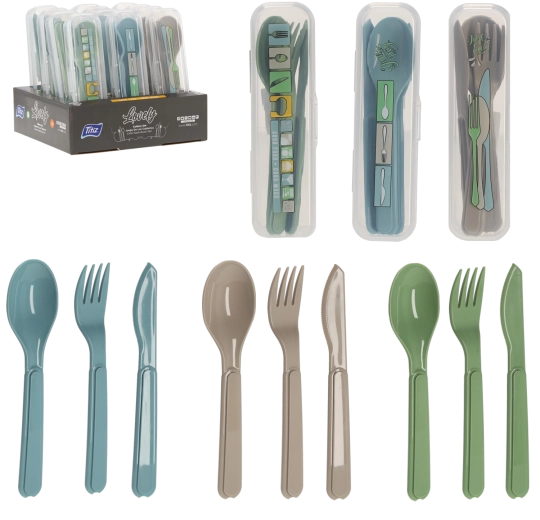 Plastový cestovný príbor v puzdre – lyžica, vidlička a nôž, modrý