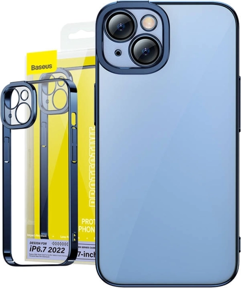 Priehľadné puzdro so sklom pre iPhone 14 Plus - Baseus Glitter modré