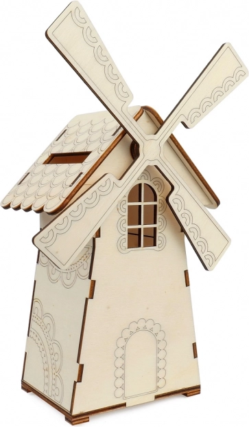 Drevená pokladnička v tvare mlynu so svetlom