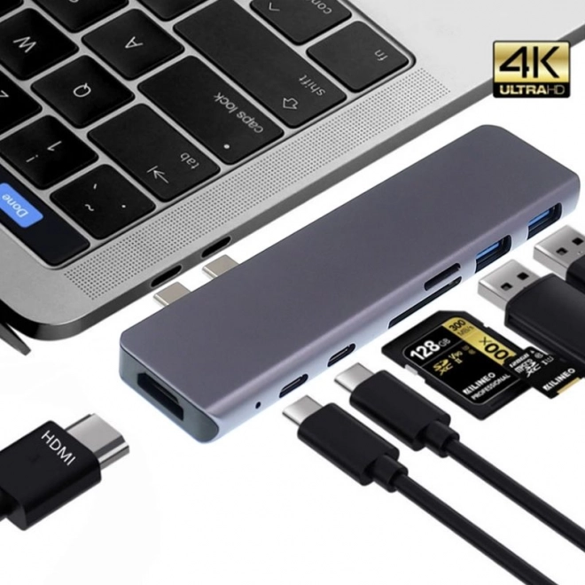 Adaptér 7v1 HUB USB-C HDMI 4K SD pre MacBook Pro / Air - Sivý