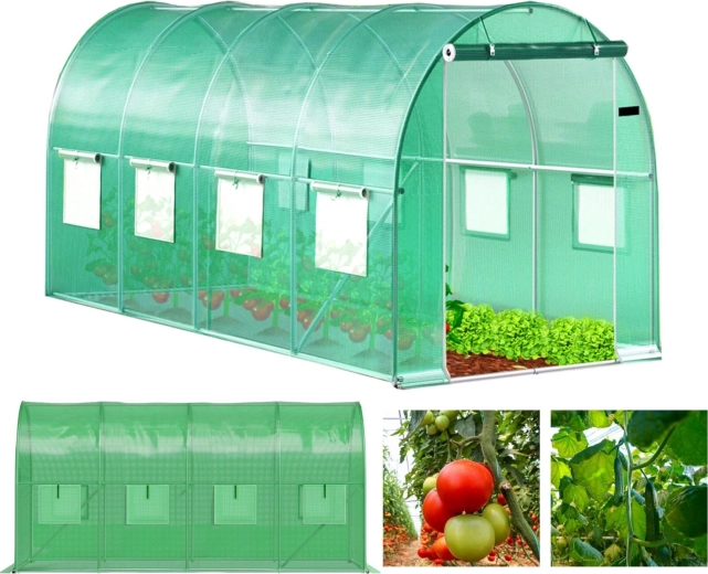 Záhradný tunelový skleník 4 × 2 × 2 m, 8 m² s UV fóliou a kovovou konštrukciou, 2 vstupy