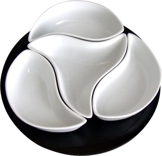 Súprava keramických misiek Vetrník na otočnom drevenom podnose, 4 ks