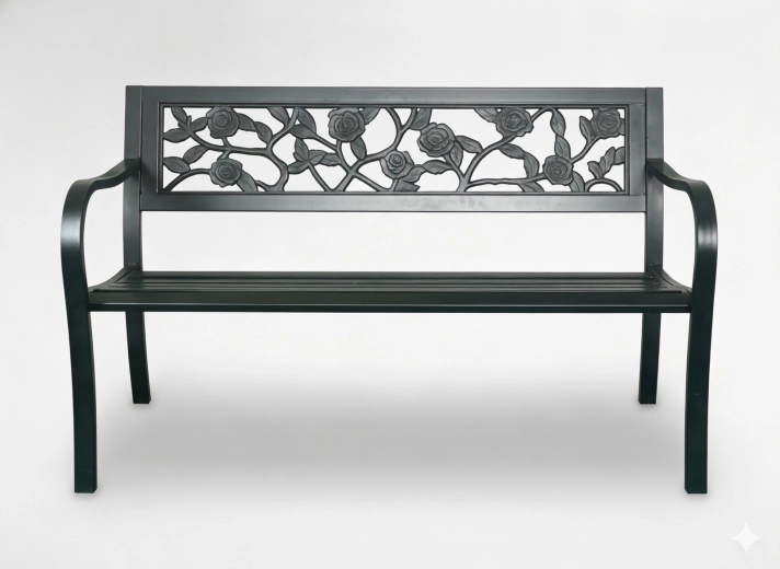 Záhradná kovová lavica s ružovým motívom, 125 × 53 × 77 cm