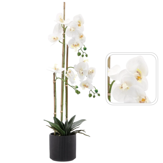 Umelá biela orchidea 77 cm v čiernom kvetináči