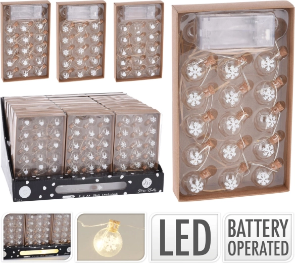 Svetelný reťaz so sklenenými žiarovkami 1,5 m, 15 LED, teplá biela