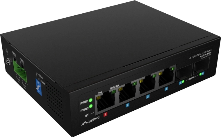 Lanberg ľahký priemyselný PoE switch na DIN lištu 4× RJ45 + 2× SFP gigabit