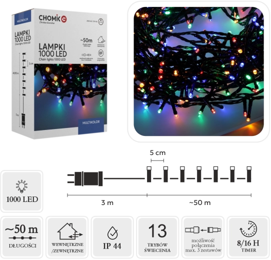 LED vianočná svetelná reťaz 1000 diód multicolor 50 m, vnútorná/vonkajšia - 1 kus
