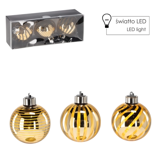 Súprava zlatých sklenených vianočných ozdôb s LED, 8 cm, 3 ks