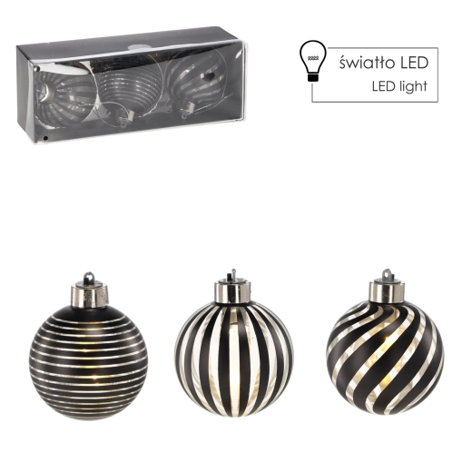 Sada sklenených vianočných ozdôb so strieborným LED osvetlením 8 cm (3 ks) Chomik