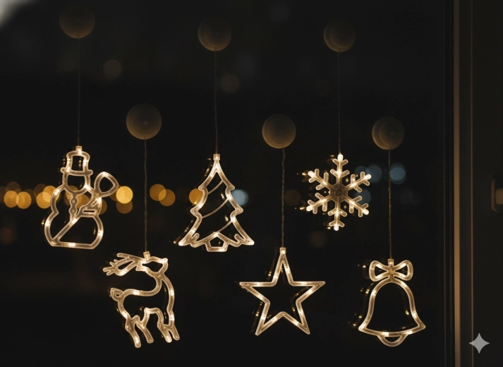 Vianočná okenná LED dekorácia s prísavkou na batérie, teplá biela, mix 6 tvarov