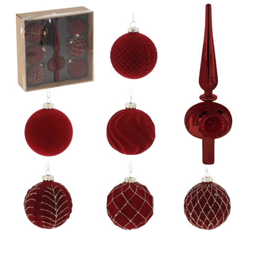 Sada 7 sklenených vianočných gulí v bordovej farbe