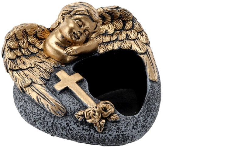 Cementový hrobový kvetináč anjel, tmavosivý so zlatými ozdobami 16 × 17,5 × 11 cm