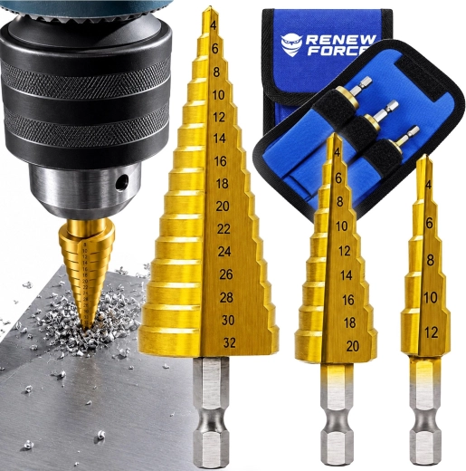 Súprava stupňovitých vrtákov RENEW FORCE s titánovým povlakom 4–32 mm