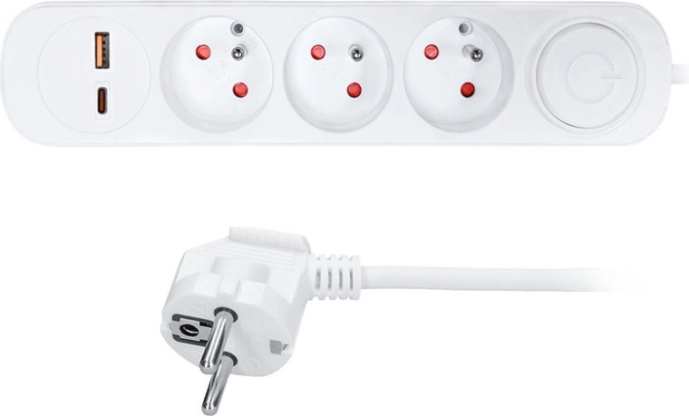 Solight predlžovací prívod 3 zásuvky s USB-A a USB-C PD 20 W, 2 m, biely, s vypínačom