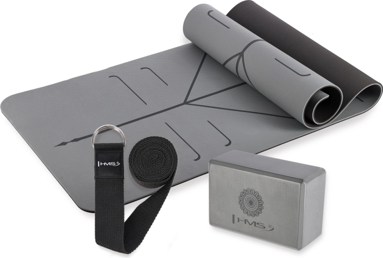 Sivá súprava na jogu HMS – podložka, blok a popruh