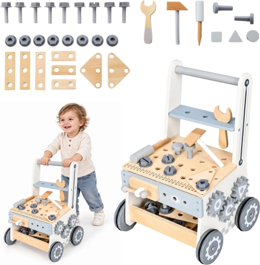 Drevený detský ponk s chodítkom a náradím ECOTOYS