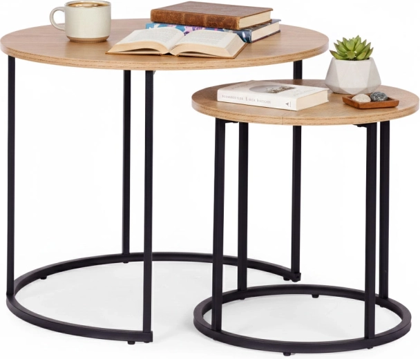 Sada dvoch okrúhlych konferenčných stolíkov zo svetlého duba v loft štýle ModernHome