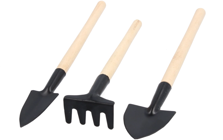 Sada záhradných nástrojov – lopatka, transplantér a hrabličky s drevenou rukoväťou
