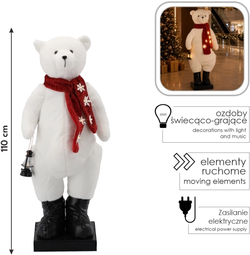 Vianočná dekorácia ľadový medveď s LED osvetlením, melódiou a pohybom 110 cm