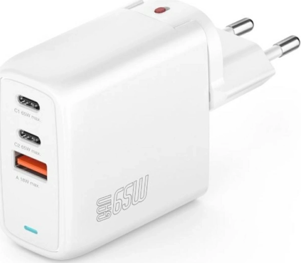 Sieťová nabíjačka GaN Flex 65W, 2× USB‑C + 1× USB‑A, biela