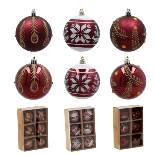 Sada 6 burgundských vianočných gulí 8 cm z nerozbitného plastu