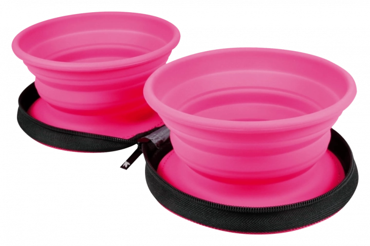 Cestovná dvojitá miska pre miláčikov Kiwi Walker – ružová, skladacia silikónová 2×350 ml