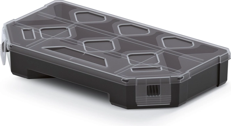 Organizér s priečkami 243 × 142 × 40 mm, čierny s priehľadným vekom
