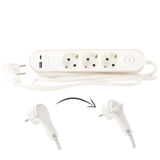 Predlžovací prepäťový panel s vypínačom, 3 zásuvky Schuko a 2 USB (USB-A + USB-C), 1,5 m, biela