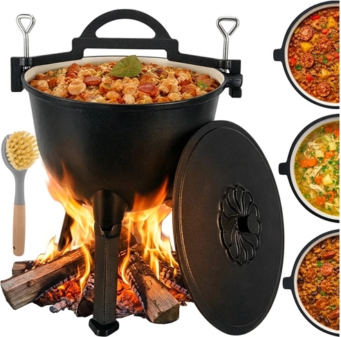 železný smaltovaný kotlík na oheň 10 l KAMINER so stojanom a pokrievkou